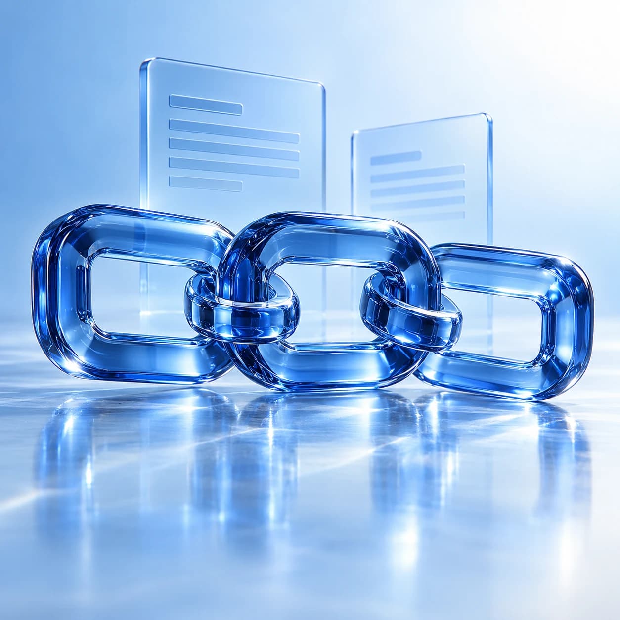 Interlocking blue glass links connecting content panels, representing restored sharing access
